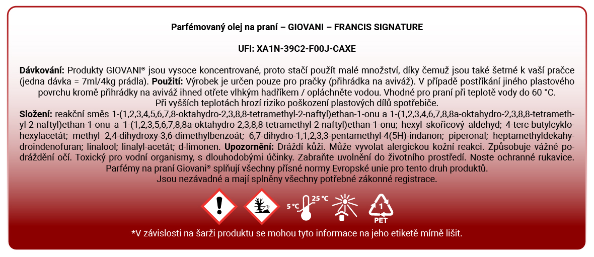 složení vzorečků parfému na praní Giovani