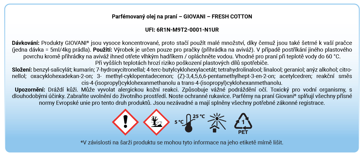 složení parfému na praní Giovani Fresh Cotton