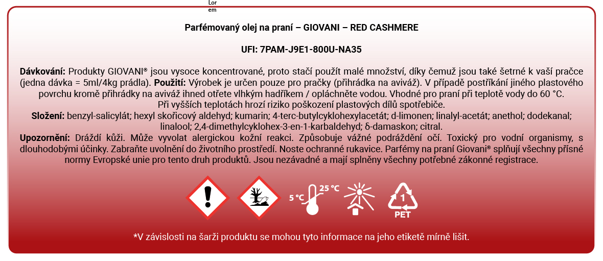 složení vzorečků parfému na praní Giovani